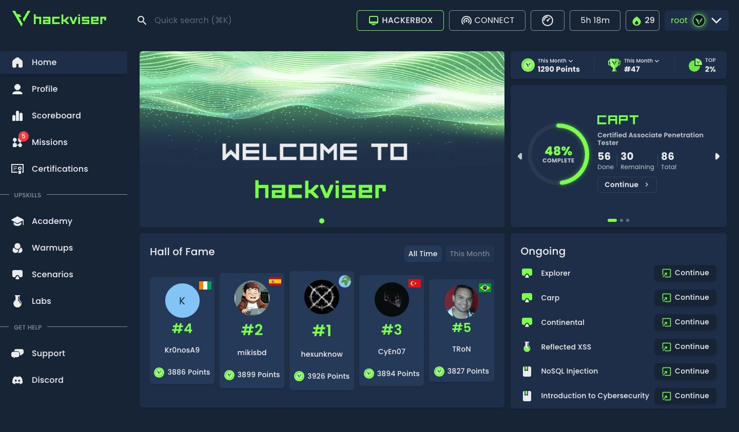 Hackviser learning dashboard preview